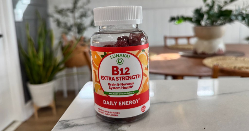bottle of Lunakai b12 Gummy Vitamins on counter