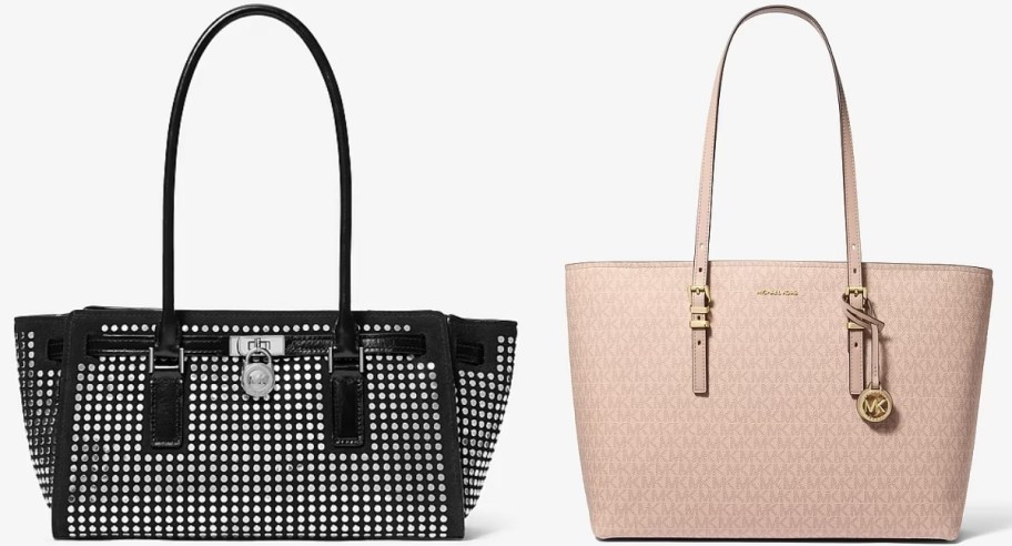 a black studded shoulder bag and a pink leather tote bag