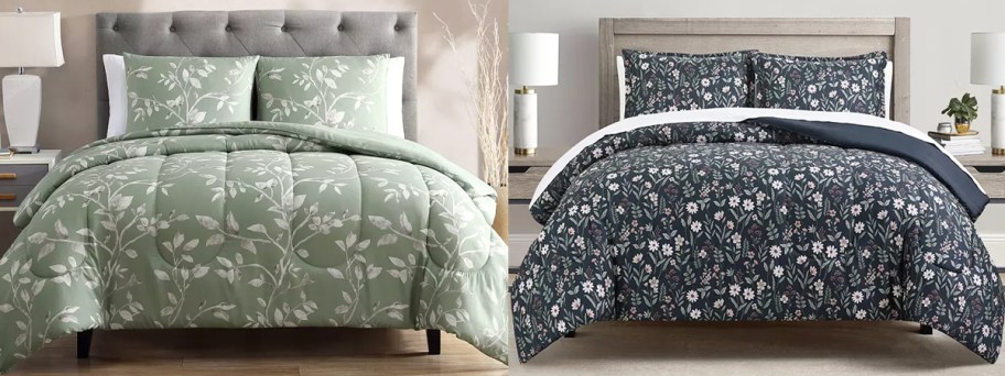 green and blue floral print comforters on beds