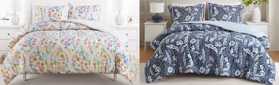 white and blue floral print comforters on beds