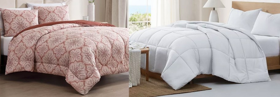 red and white comforter sets on beds