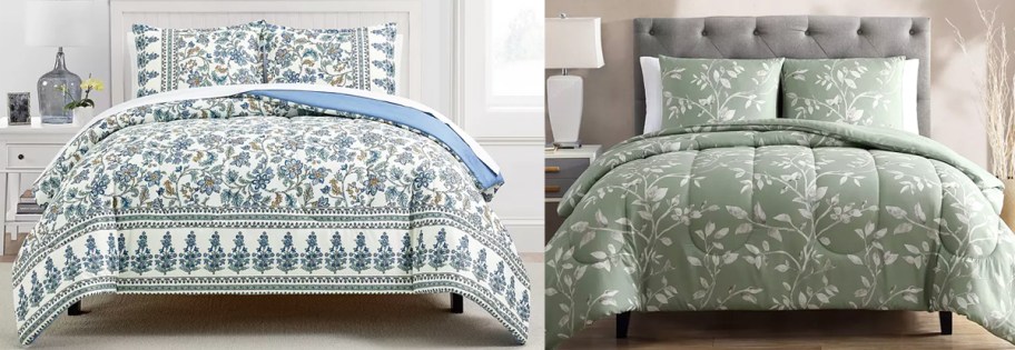 white and green floral print comforters on beds