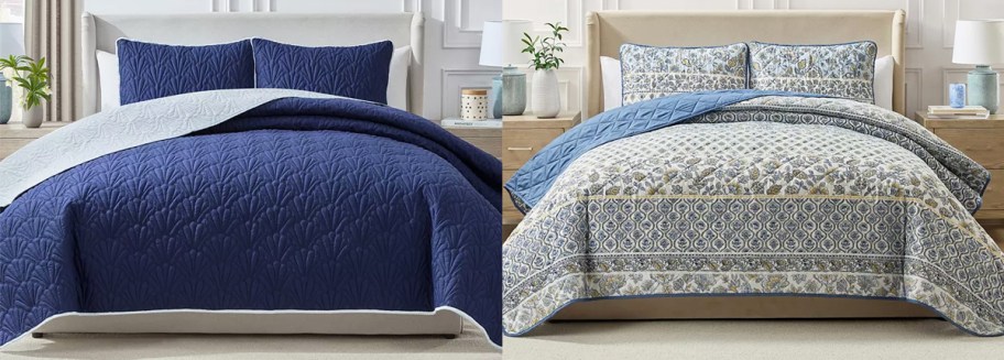 solid blue and blue floral print quilt sets on beds