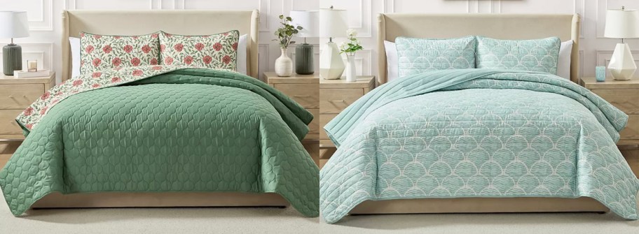 green and blue quilt sets on beds