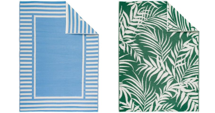 Mainstays Blue Border Stripe Plastic Outdoor Rug 5'x7' and Mainstays Green Palm Plastic Outdoor Rug 5'x7'