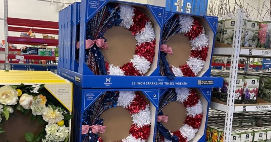 Member's Mark 22" Pre-Lit Sparkling Americana Tinsel Wreaths in store