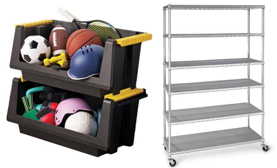 stackable storage bins and wire shelving racks
