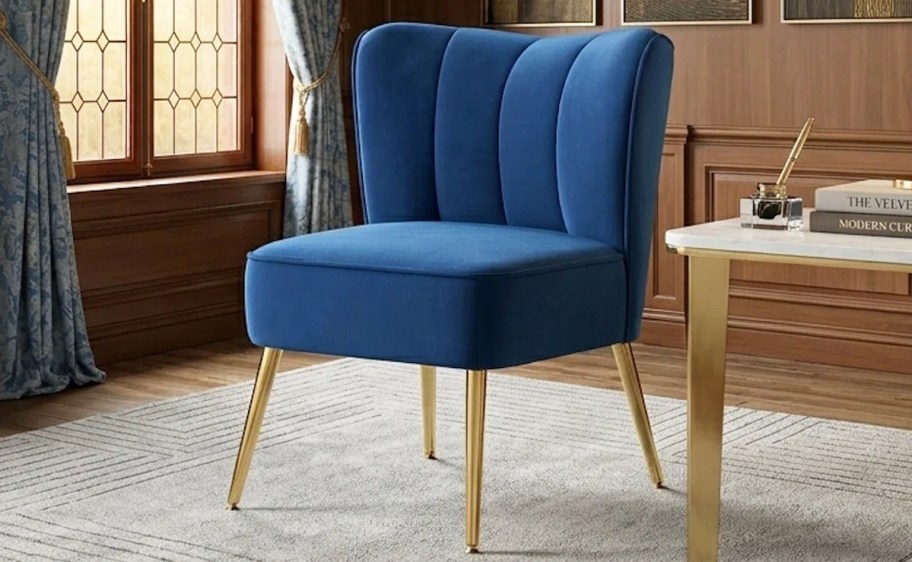 blue velvet accent chair with gold legs