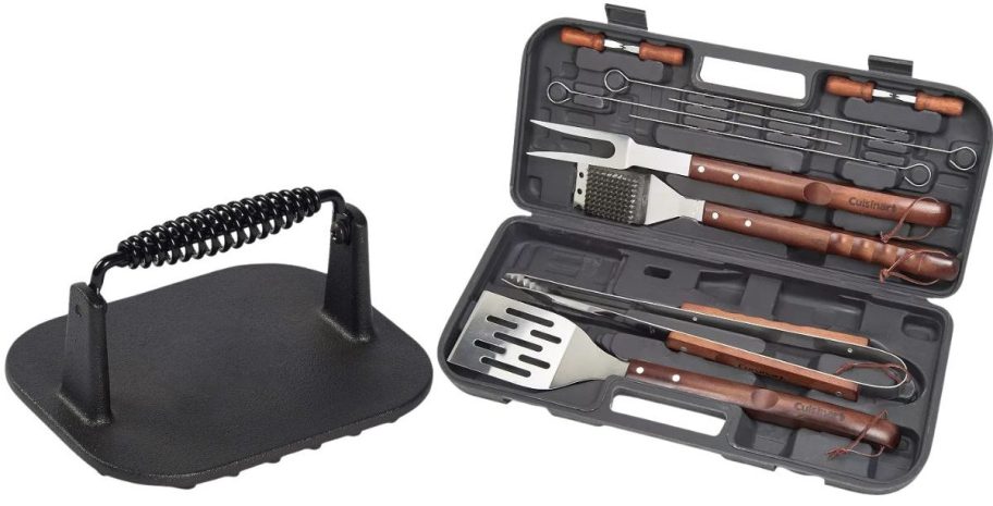 Mingle & Co. Pre-Seasoned Cast Iron Grill Press w Spring Handle and Cuisinart 13-Piece Wooden Handle Grilling Tool Set