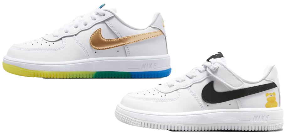 two pairs of white nike sneakers