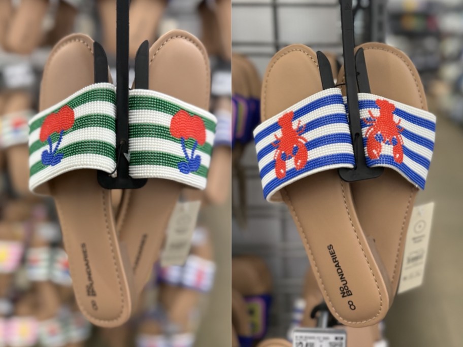 No Boundaries Women's Beaded Slide Sandals with cherries and lobsters on sandals