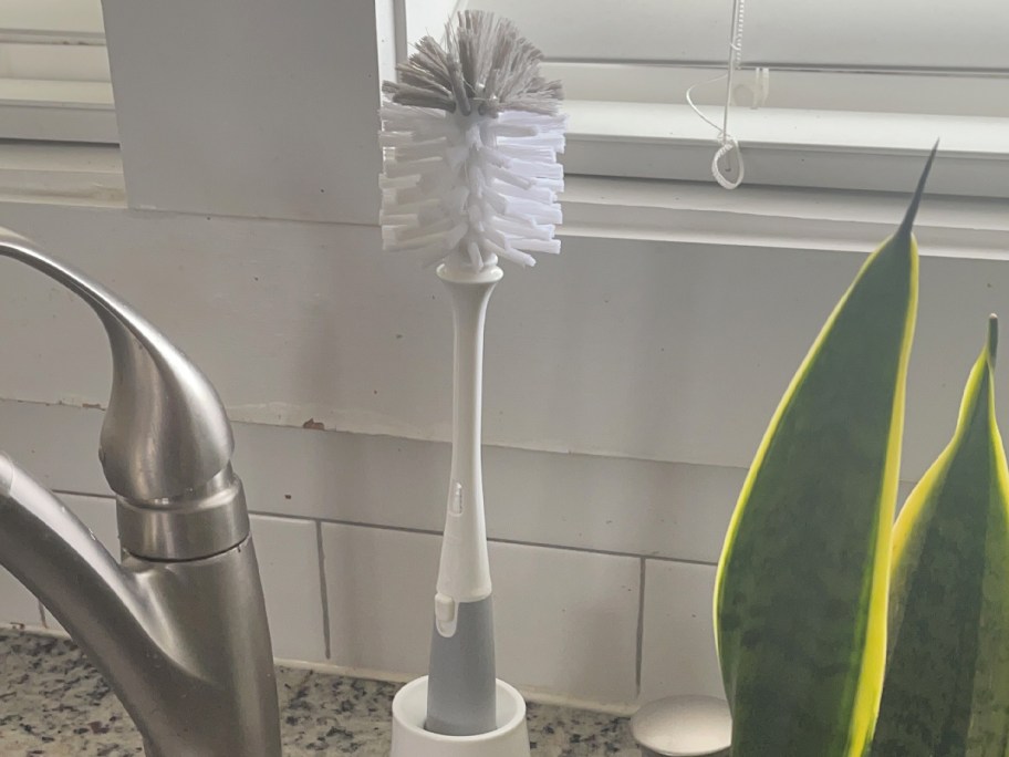 white and grey bottle brush near sink