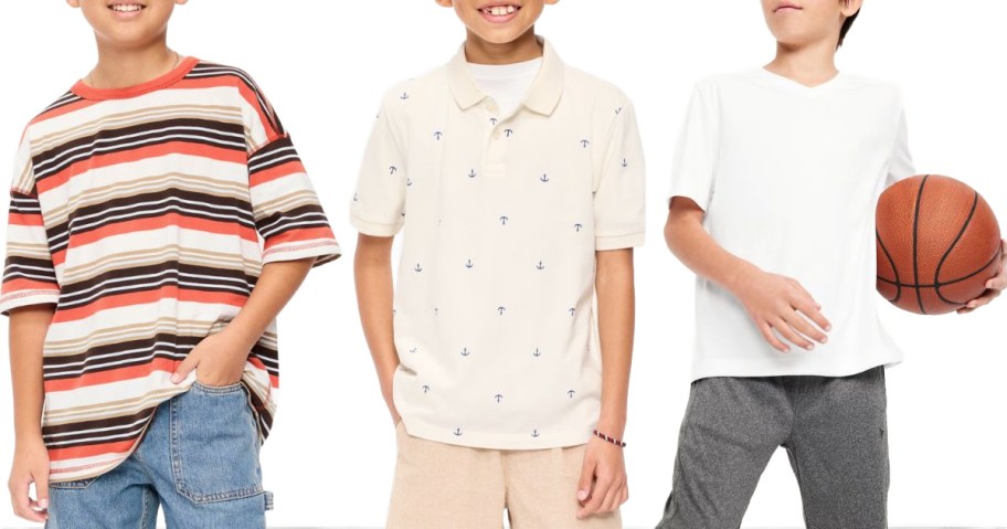Stock image of three boys wearing old navy tops