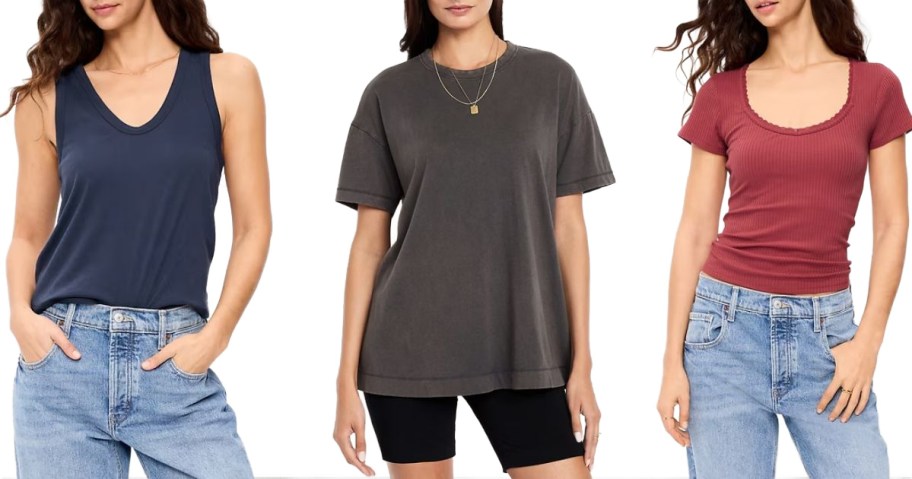 Stock image of three women wearing old navy blue tops