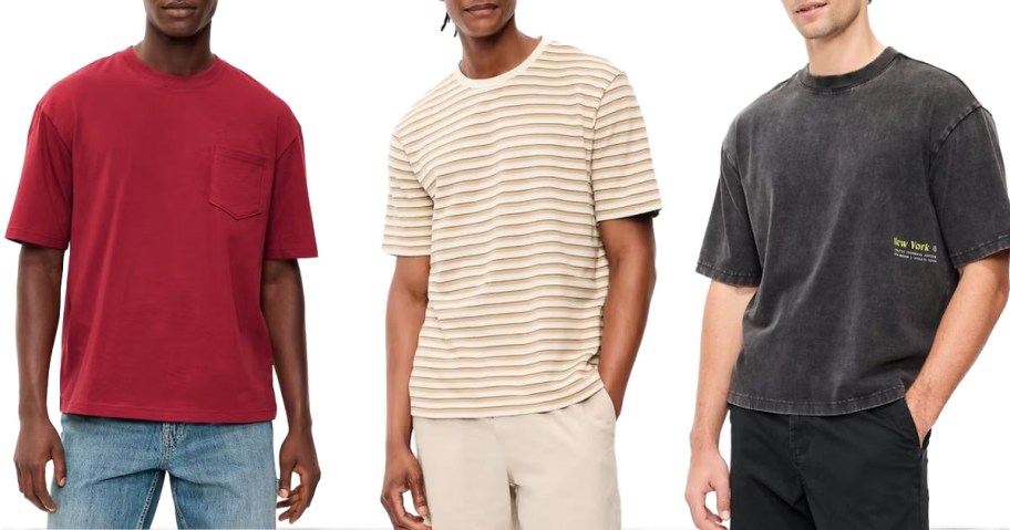 Stock image of three men wearing old navy t-shirts