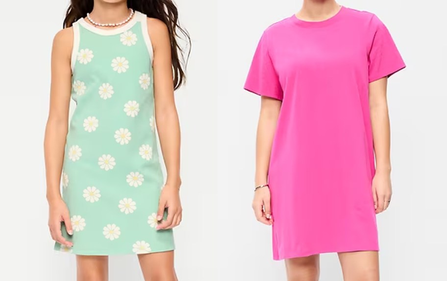 girl in green floral print dress and woman in pink t-shirt dress