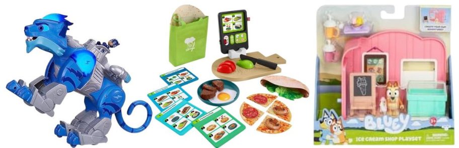 PJ Masks Hasbro Animal Power Charge & Roar Power Cat, Fisher-Price Preschool Kitchen Playset, and Bluey Mini Ice Cream Shop Playset