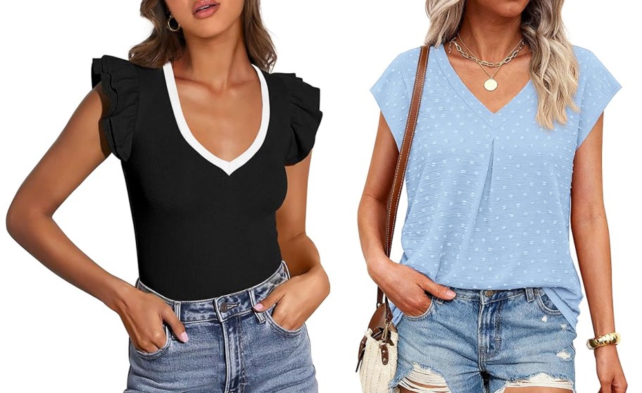 two women wearing black and blue tops