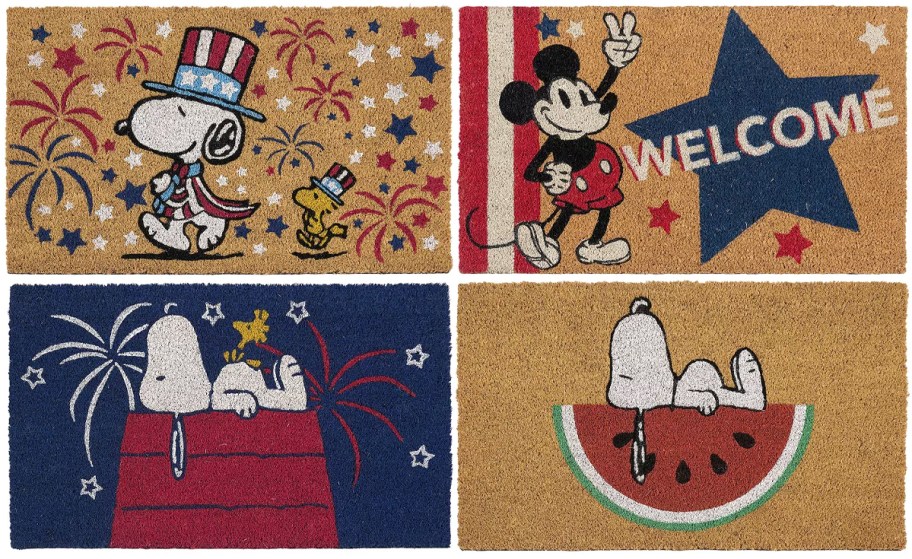 Peanuts Snoopy and Woodstock Patriotic, Disney's Mickey Mouse USA Star, Peanuts Snoopy Fireworks, Peanuts Snoopy Watermelon Coir Doormats