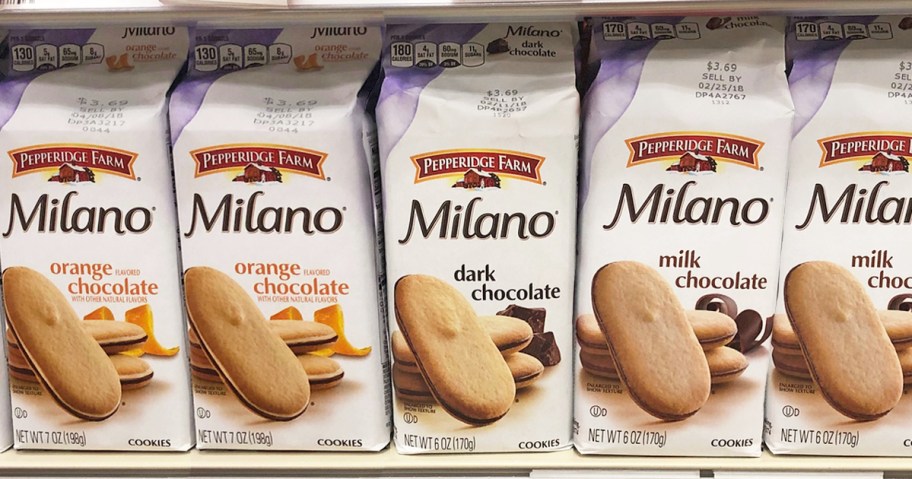 row of Pepperidge Farm Milano Cookies on store shelf