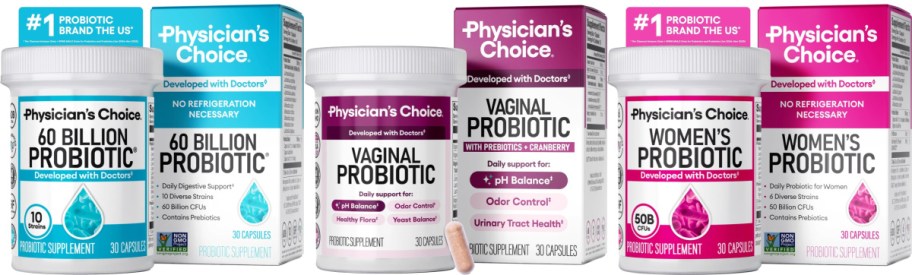 Bottles of Physician's Choice probiotics with bright labels. Includes 60 Billion Probiotic, Vaginal Probiotic, and Women's Probiotic. Capsules visible.