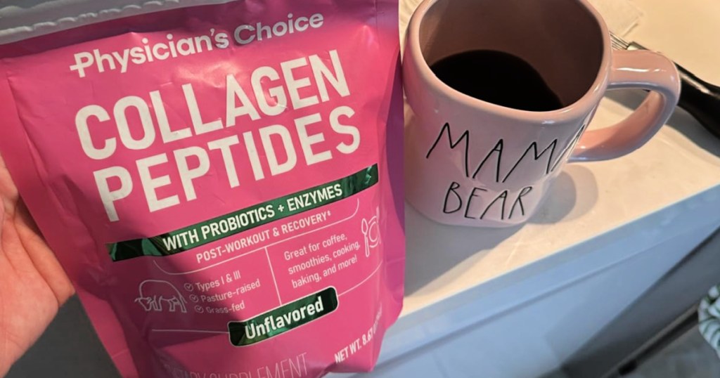 Pink bag of collagen peptides next to coffee cup