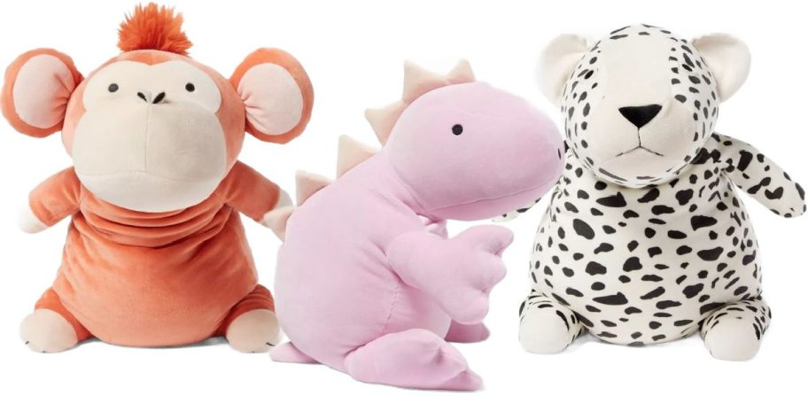 3 Pillowfort Weighted Plush of a monkey, pink dinoaur and a leopard