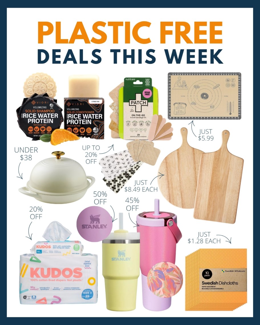 collage of plastic free deals this week