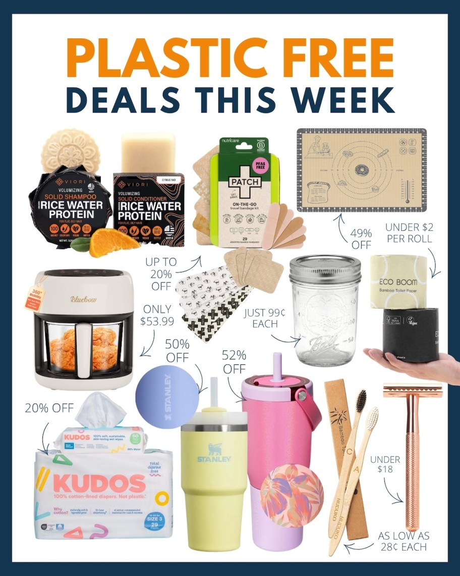 Collage graphic of plastic free deals this week 
