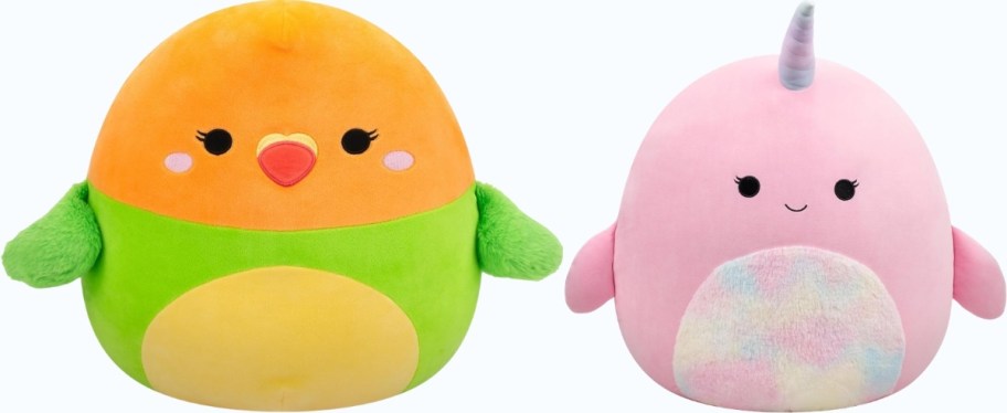 green and orange love bird and narwal squishmallows