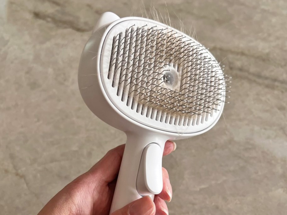 hand holding a white cat brush