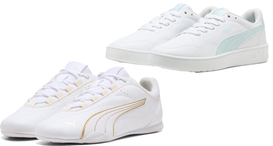 two pairs of white puma sneakers