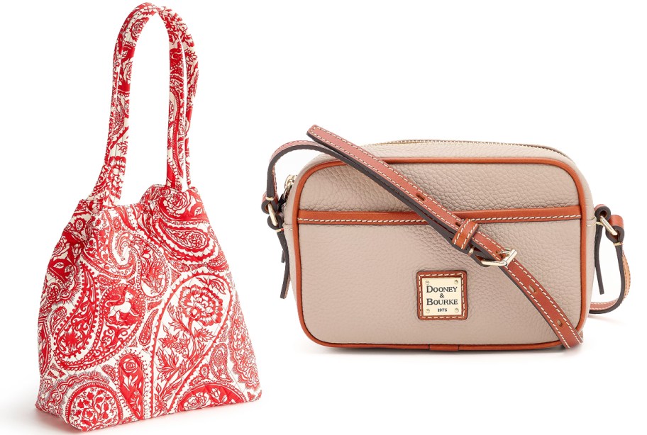 red paisley print tote and brown crossbody bag