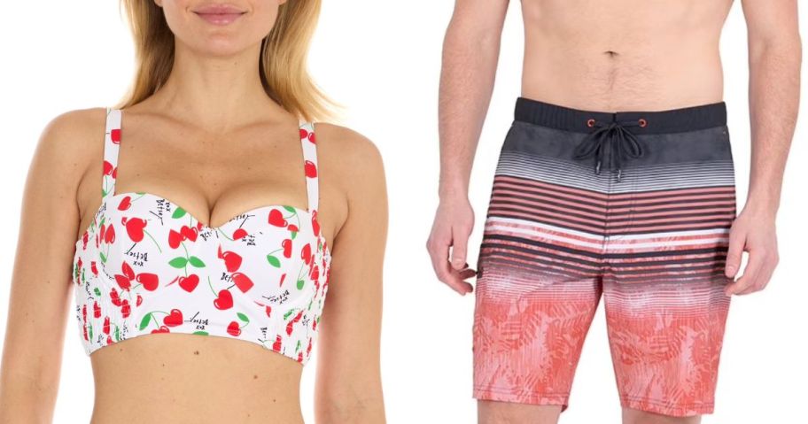 Stock image of a woman wearing a Betsey Johnson Bikini Top and a man wearing striped swim trunks