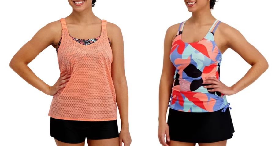 Stock images of two women wearing Member's Mark tankini Sets