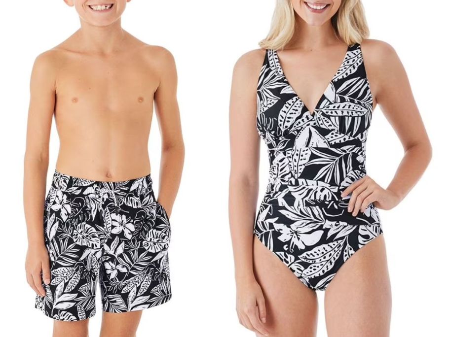 Stock images of a boy and a woman wearing matching family Member's Mark Swimsuits