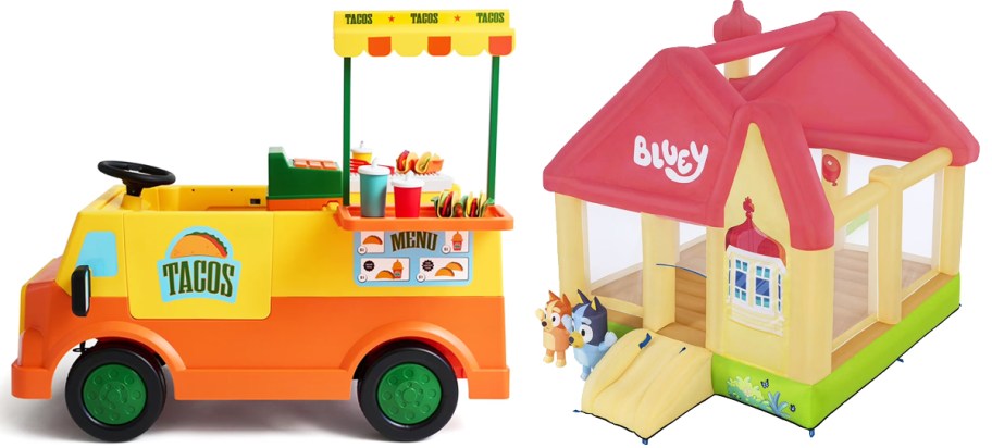 taco truck ride-on and bluey bounce house