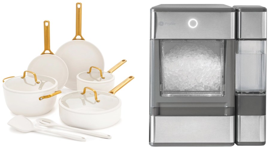 white & gold cookware set and grey ice maker
