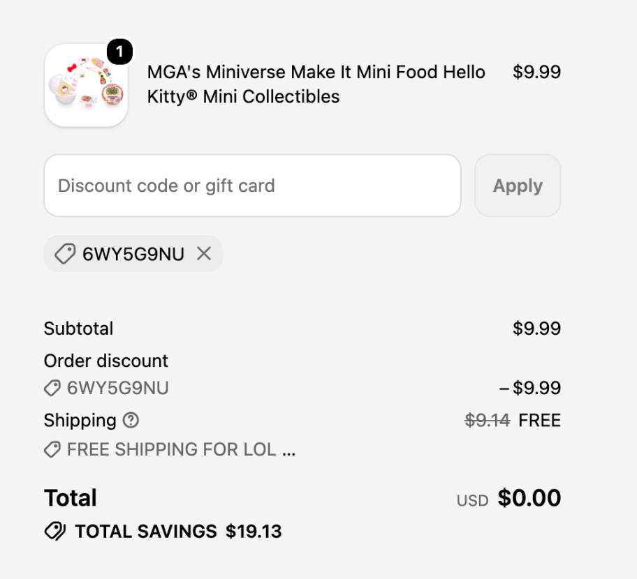A screenshot from a cart page on the MGA Shop website.
