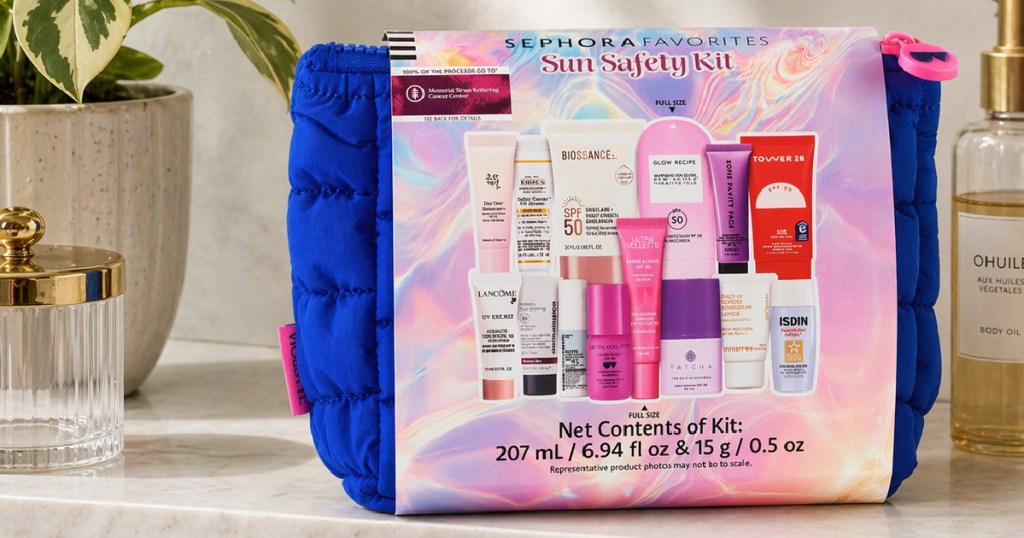 Sephora Favorites Sun safety kit on bathroom counter