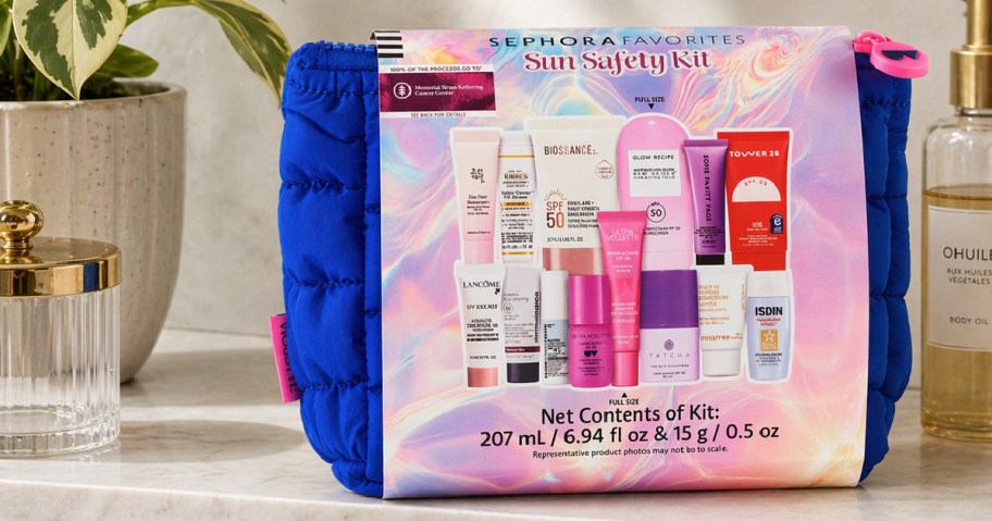 Sephora Favorites Sun safety kit on bathroom counter