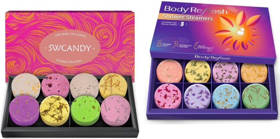 Stock images of two 8-packs of Shower Steamers