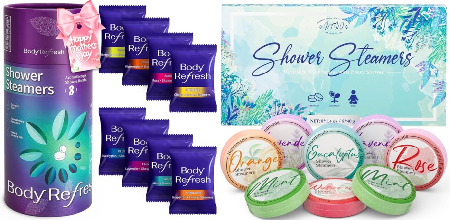 two 8-pack sets of Shower Steamers