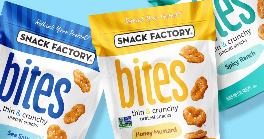 3 bags of Snack Factory Pretzel Crisp Bites