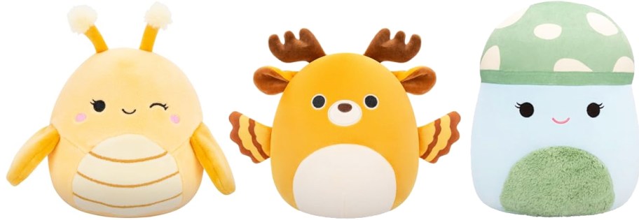 squishmallows grasshopper, cervi, and mushroom plush