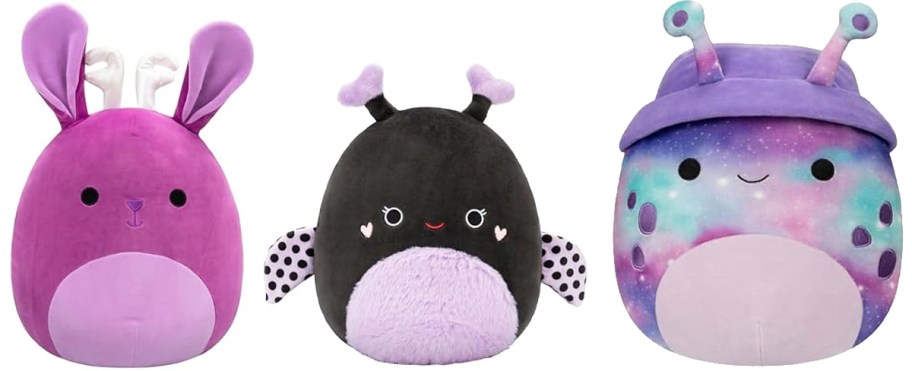 squishmallows jackalope, ladybug, and alien plush