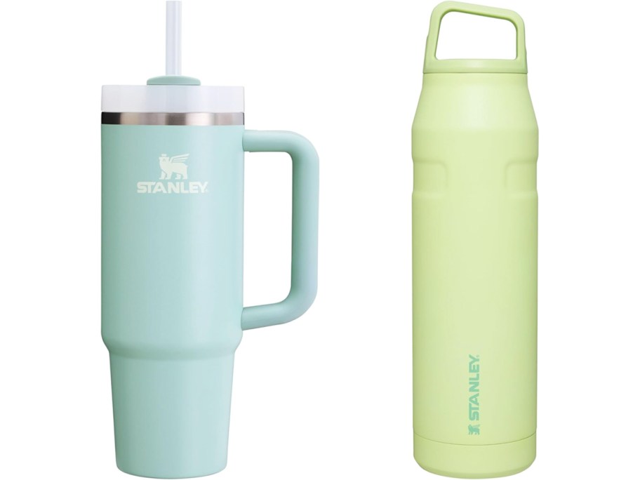 blue stanley tumbler and green water bottle
