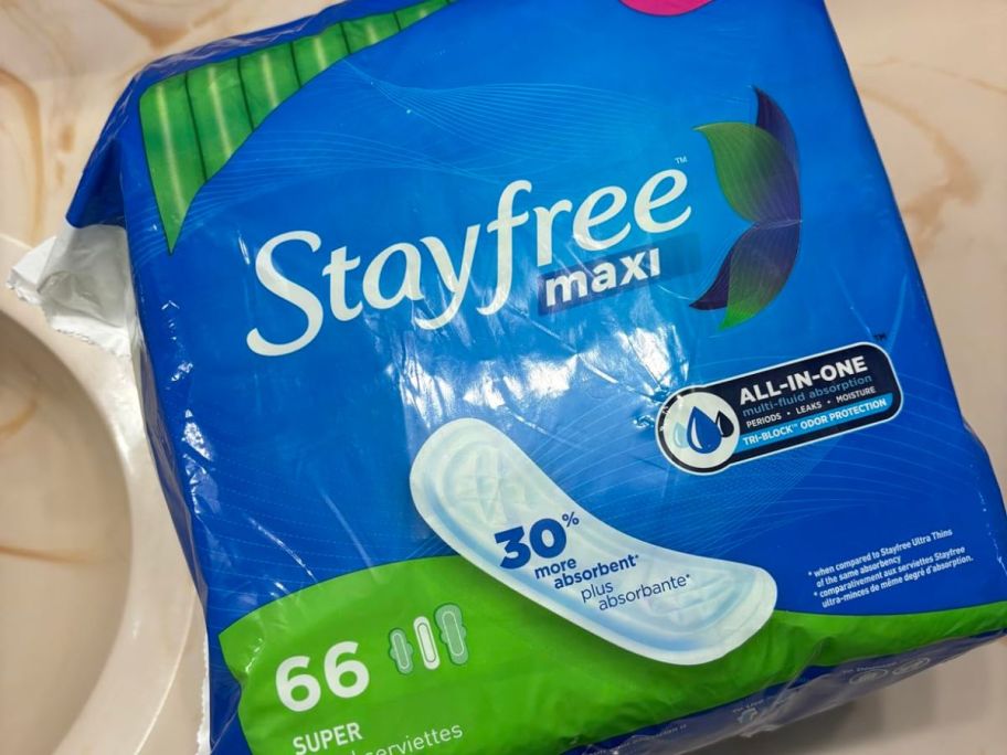 Stayfree Maxi Super Long Pads 66-Count on counter
