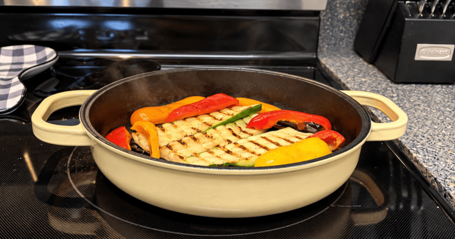Steaming Grilled Vegetables in Enamel Cast Iron Pan