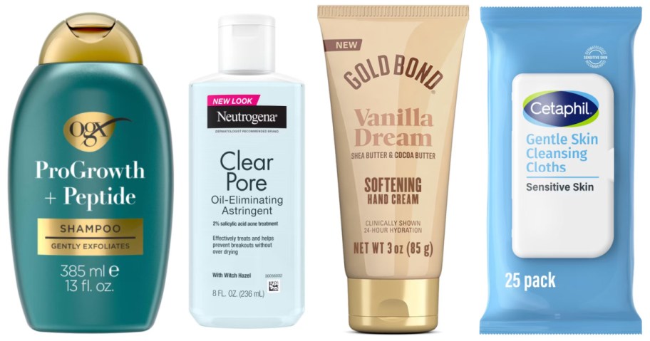 shampoo, face astringent, hand cream and face wipes 